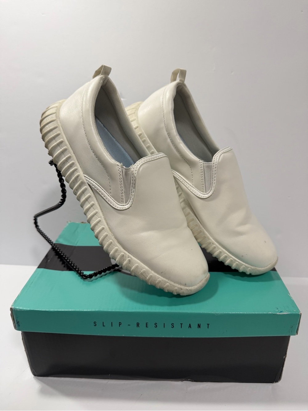 Savvy White Slip-On Sneakers with Teal Box - Picture 4 of 9